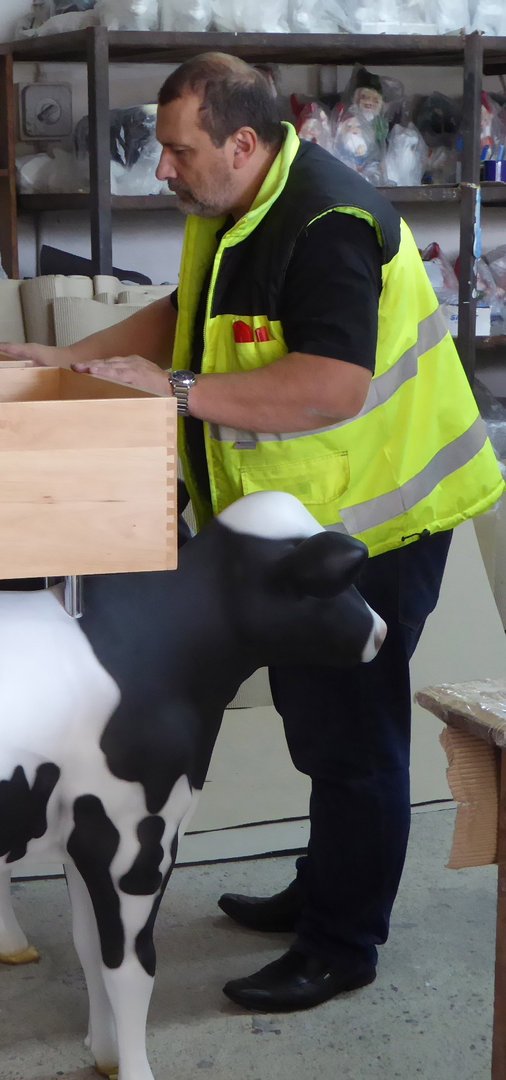 Kalb, Holstein Kälbchen lebensgroß,  "Flecki", 128cm, schwarz weiß, als Wühltisch, 122cm, HAEIGEMO