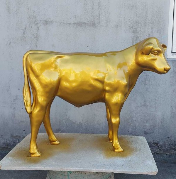 Kalb, Holstein Kälbchen lebensgroß, "goldfarben lackiert", Kopf rechts,  belastbar, 122cm/ HAEIGEMO